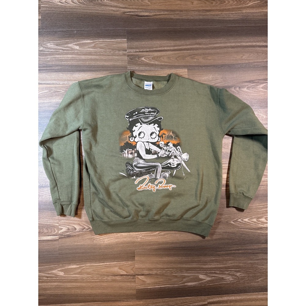 Brisco Brands Betty Boop Biker Motorcycle Graphic Heavyweight Olive Green Size M